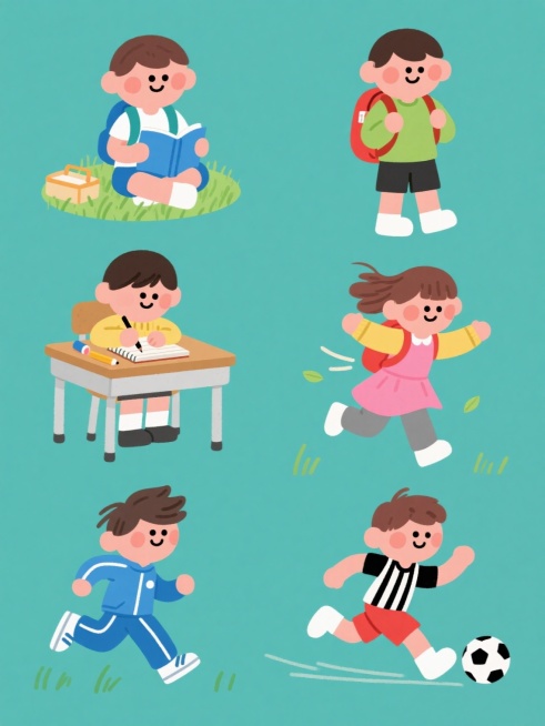 A set of 6 illustrations in a unified flat vector style with bright, cheerful colors and soft gradients, featuring children with round faces, big expressive eyes, and simple, cute clothing details, ……预览效果