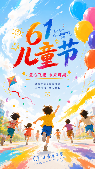 根据原图生成一张六一儿童节海报，去掉左上角的logo，保留其余所有文字和画面元素不变，整体风格和构图保持一致，还是水彩风，一群孩子奔向远方的儿童节设计预览效果