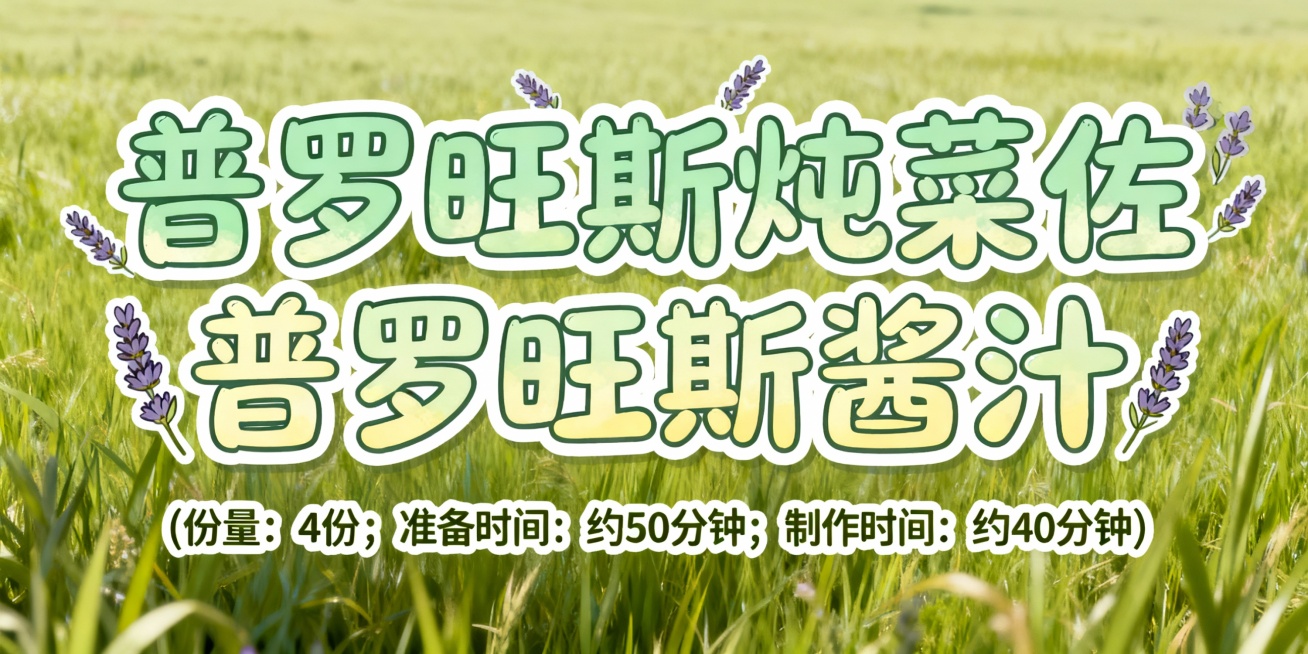 设计几个艺术字，颜色适合放在草原色插画底图上，字体活泼可爱，第一排字的内容是普罗旺斯炖菜佐普罗旺斯酱汁；第二排字比第一排小五倍，内容是（份量：4份；准备时间: 约50分钟；制作时间：约40分钟）预览效果