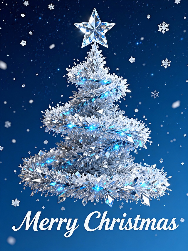 梦幻感3D圣诞树，玻璃质感与鎏银光泽交织，虚拟自然雪景中闪烁晶莹星光，营造冬日童话氛围。