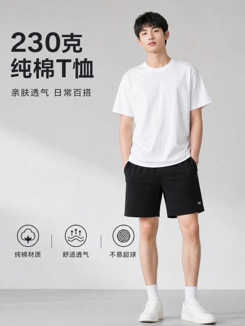 [主图-1] 230克纯棉T恤男士穿搭首图。保持本款T恤白色外观、230克纯棉材质质感与输入产品图绝对一致，杜绝任何变形和色差，精细化处理。氛围风格：拼多多高性价比日常百搭风格，简约干净；画质：商业摄预览效果
