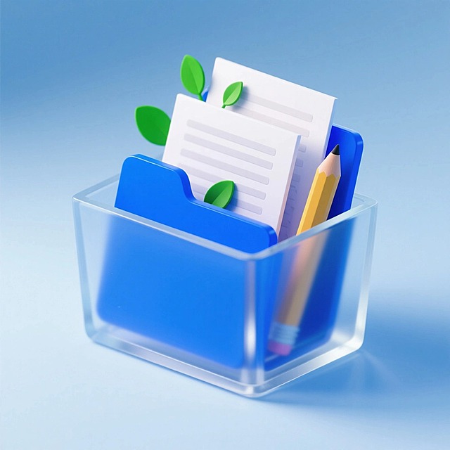 一个蓝色文件盒里有几张纸，小小的绿叶、铅笔装饰，蓝灰色背景