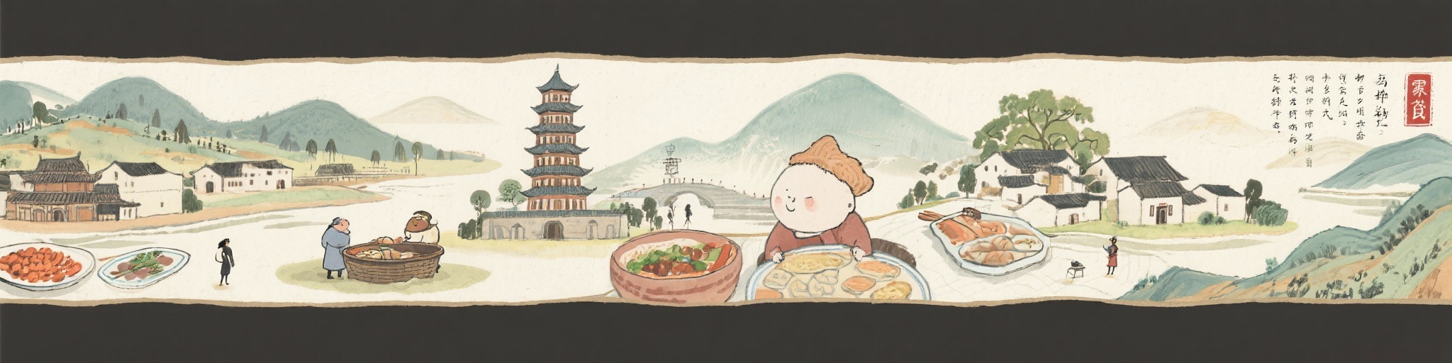 帮我生成一幅家乡美食宣传长图画卷尺寸为13111*720 画面包含地标建筑，山水元素，新国朝风格，画面简单预览效果