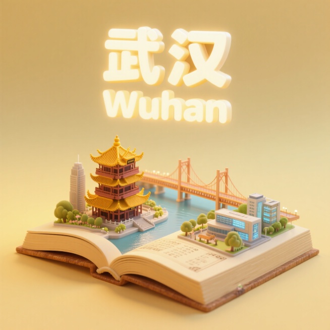一本打开的古代书籍，书是打开的，书上是武汉城市景观微缩模型，有武汉的黄鹤楼，长江大桥，华为基地，汉口江滩，上方有中文“武汉”和英文“Wuhan”，整体画面生动，色调温暖明快，充满活力与朝气，具有梦幻感预览效果