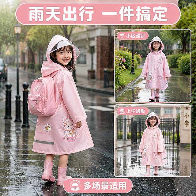 [主图-4] 粉色兔子款儿童雨衣多场景使用图，展示上学出行等真实使用场景。
[统一基调] 柔和亲子感 干净通透 浅粉奶油白主色 自然柔光 安全可信 圆润黑体标题 圆角胶囊标签 轻量图标细引线
[画面] 画面采用一大两小宫格布局。主场景大图占左侧约60%，展示穿粉色兔子雨衣的小女孩背着书包走在上学路上，雨天街道背景，地面湿润有倒影，孩子笑容灿烂，展示书包位实际使用效果。右侧上下两个小场景卡片：上方卡片展示小女孩在小区花园雨中漫步的场景，配标签「小区漫步」；下方卡片展示小女孩进出学校大门的场景，配标签「上学通勤」。顶部大标题「雨天出行 一件搞定」，底部一个圆角标签写「多场景适用」。
[光影质感] 自然雨天柔光，场景真实有代入感，雨衣在各场景中颜色图案保持一致，整体明亮通透。
[配色] 主色浅粉+绿色自然色，标题字白色配浅粉底，卡片边框浅粉色，整体清新自然。
[文字版式] 顶部通栏大标题圆润粗黑体白字配半透明浅粉底，右侧两个小卡片各配短标签，文字清晰不遮挡人物和雨衣。
[输出要求] 1:1正方形 2048px 文字清晰可读 产品外观与参考图一致 禁止变形错字模糊杂乱水印平台Logo 禁止人物面部扭曲手指畸形
