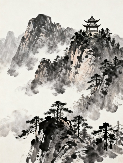 中国传统水墨画风格，写意山水，以浓淡不一的墨色勾勒出层叠的奇峰峻岭，主峰巍峨耸立，山腰云雾缭绕，呈现出朦胧缥缈的意境，山间点缀着挺拔的松树林，笔法苍劲有力，山顶坐落着一座传统六角双层亭台，飞檐翘角，结构精巧，亭台周围环绕着茂密的树木，整体构图采用高远法，留白恰到好处，营造出宁静悠远、空灵清幽的氛围，墨色浓淡干湿变化丰富，笔触洒脱自然，尽显水墨山水的韵味与禅意。预览效果
