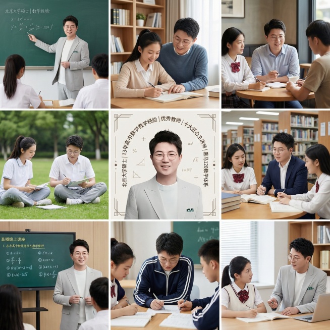 帮我生成关于高中数学的九宫格图片，要有老师和学生，老师的脸帮我设计成这张图片的，学生是中国人，添加文案：北京大学硕士  13年高中数学教学经验  优秀教师、十大匠心主讲师  黑马120数学体系 ，文案预览效果