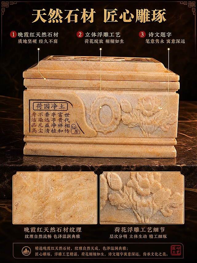 [商品] 使用【图2】荷园净土骨灰盒正面图；保留晚霞红石材主体颜色和纹理、荷花浮雕纹样、"荷园净土"题字及诗文、阶梯式方盖结构；重点突出石材天然纹理和浮雕工艺的精细度，增强石材温润光泽和雕刻立体感，保留所有文字原貌。
[画面] 材质工艺页，目标展示晚霞红天然石材品质与精湛雕刻工艺。上下分栏构图，上半部分产品正面特写占画面50%，下半部分为材质纹理放大和雕刻细节展示。背景为深棕色石材纹理台面，搭配专业摄影灯光突出材质质感。
[视觉] 套系策略：风格=中式禅意典雅商业摄影；标题字=宋体粗体（传统书法感）；正文字=简洁宋体；主色=暖米金+浅赭石+墨绿；背景延展=深棕石材纹理+暖光渐变；强调色=朱砂红，仅用于小面积点缀和标签；标题色=暖金色；正文色=浅米白；组件=中式回纹边框、引线标注、材质图标；光影=侧逆光+正面补光，强化石材纹理和雕刻立体感。
[文字] 顶部主标题"天然石材 匠心雕琢"，下方用引线标注3个工艺卖点：1.晚霞红天然石材-质地坚硬 经久不腐 2.立体浮雕工艺-荷花绽放 栩栩如生 3.诗文题字-笔意隽永 寓意深远。底部补充材质说明文字。所有文字横排。
[规格] 图片比例3:4竖版，4K分辨率，避免变形、错字、文字过小、冷蓝背景、材质失真、雕刻细节模糊、产品文字被改。