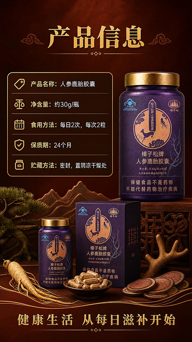 [商品] 使用【图1】人参鹿胎胶囊产品图；保留瓶身结构、颜色、标签文字；产品放在画面右侧，占画面约30%，展示完整瓶身。
[画面] 目标：规格信息展示+收尾转化。规格营养同页型构图，左侧为规格参数表，右侧为产品展示。底部有产品全家福陈列感。背景为深棕红渐变，底部有金色装饰线条收束。前中后景：前景参数表格+产品、中景装饰元素、后景纹理背景。
[视觉] 套系策略：风格=中式高端滋补商业摄影；标题字=宋体粗体（典雅厚重）；正文字=简洁无衬线体；主色=深棕红+暖金色（从商品包装提取）；背景延展=基于深棕红做深浅渐变、同色系晕染和细腻宣纸/丝绸质感；强调色=暖金色，仅用于小面积图标、引线、标签和装饰线条；标题色=暖金色；正文色=米白色；组件=圆角金边信息卡、细线引线、中式纹样装饰；光影=均匀暖柔光。
[文字] 顶部主标题「产品信息」（4字，暖金宋体大字号）。左侧规格表包含：「产品名称：人参鹿胎胶囊」「净含量：约30g/瓶」「食用方法：每日2次，每次2粒」「保质期：24个月」「贮藏方法：密封，置阴凉干燥处」。底部收尾语：「健康生活 从每日滋补开始」（暖金字体）。文字均为横排，表格清晰易读。
[规格] 图片比例9:16竖版，4K分辨率，负向提示：避免变形、错字、文字过小、冷蓝背景、产品颜色改变、医疗化功效承诺、极限词。