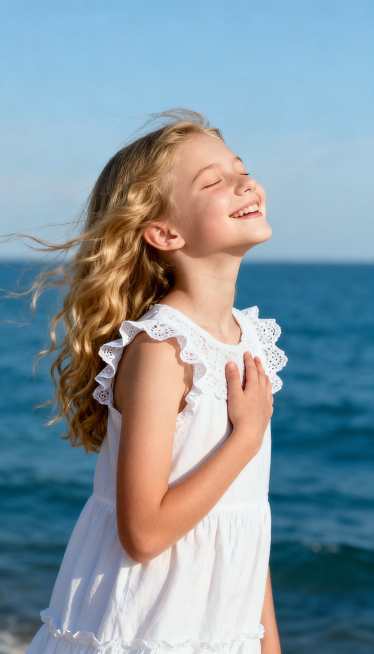 一张超写实的专业人像摄影，15岁左右的外国可爱小女孩，金色长卷发被风吹起一点，闭着眼睛露出灿烂的笑容，4/3的侧脸，下巴上仰10度，一只手放在胸口，穿着带蕾丝荷叶边的白色无袖连衣裙，阳光洒在脸上，皮肤预览效果