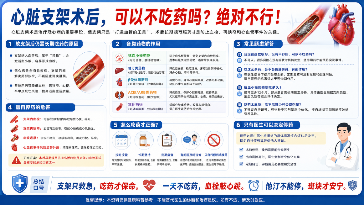 心脏支架术后健康科普知识海报，16:9横版，标题是"心脏支架术后，可以不吃药吗？绝对不行！"，内容包含核心科普要点：放支架后仍需长期吃药的原因、各类药物作用、常见顾虑解答、停药危害、吃药方法，仅医生可预览效果