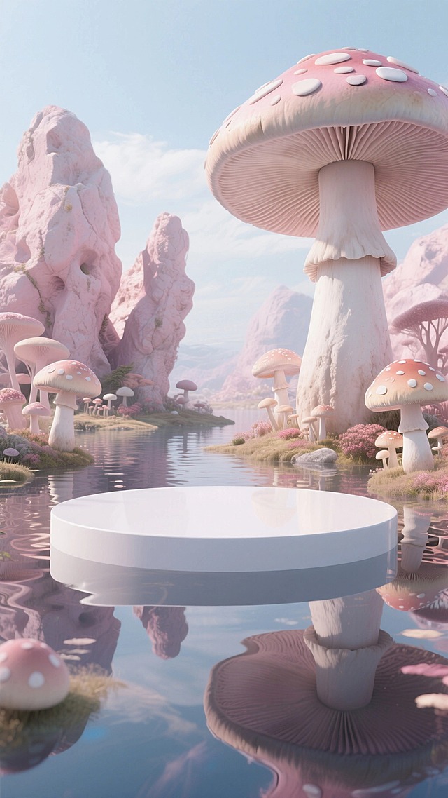 超现实主义、虚拟自然风格。前景是白色圆形展台。后景是奇特的浅粉色岩石、超大蘑菇和镜面水域，浪漫梦幻且有艺术感。