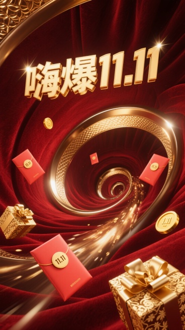 8K 超高清画质，如电影级商业广告画面般精致，摄影级别的专业呈现。画面以浓郁的红色作为背景主色调，仿佛是红丝绒质地，散发着奢华且热烈的光泽。醒目的标题 “嗨爆 11.11” 以立体金色大字呈现，字体边预览效果