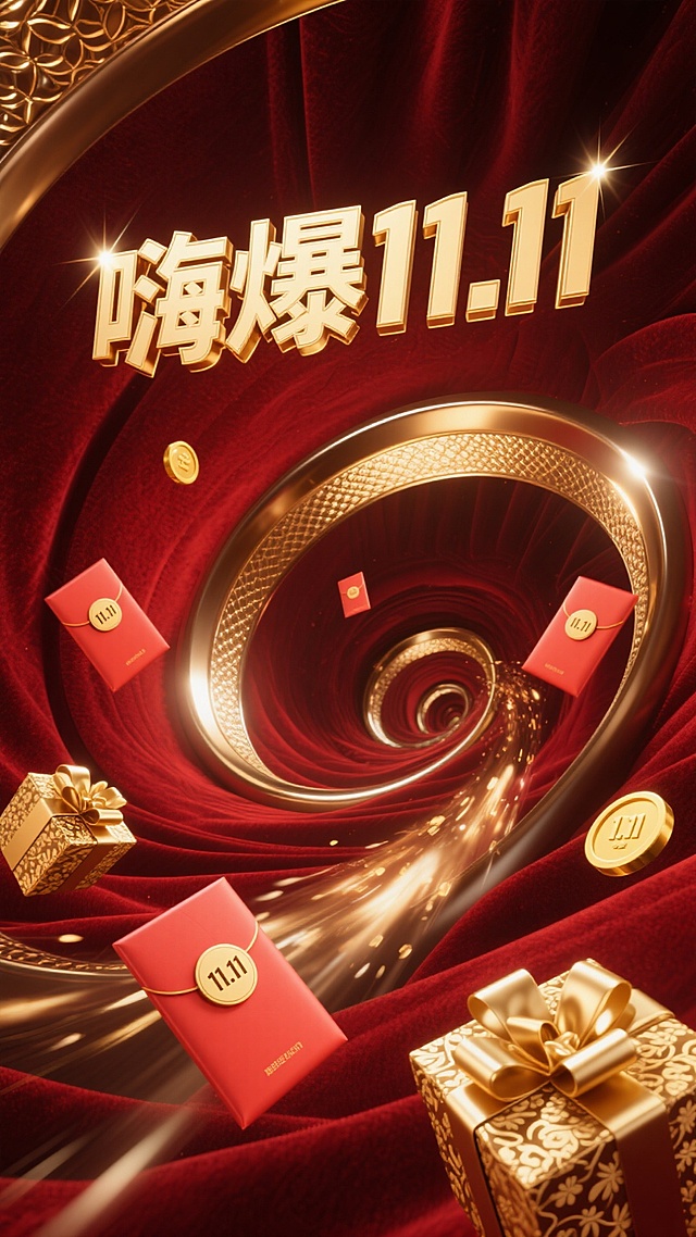 8K 超高清画质，如电影级商业广告画面般精致，摄影级别的专业呈现。画面以浓郁的红色作为背景主色调，仿佛是红丝绒质地，散发着奢华且热烈的光泽。醒目的标题 “嗨爆 11.11” 以立体金色大字呈现，字体边缘闪烁着光芒，极具视觉冲击力。红包如流星般从螺旋通道高速飞出，红包表面清晰印着 “11.11”，通过细腻的光影刻画，高光部分闪耀着金属质感，暗部则深邃神秘，凸显红包的立体感与动感。螺旋通道向远处的消失点延伸，通道内壁有着金属的光泽和纹理，营造出强烈的空间纵深感。通道内部有几个礼盒与金币不规则地漂浮着，礼盒包装精致，金色的花纹与红包相呼应，金币反射出耀眼的光芒，增添画面的华丽感。整体画面通过巧妙的光影运用，着重突出红包的主体地位，同时营造出神秘深邃的氛围。