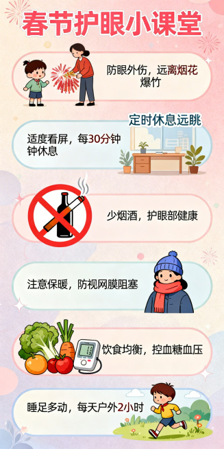 制作一个竖版条形动漫，顶部添加醒目标题“春节护眼小课堂”，内容包含6条护眼建议：1.画小朋友躲远烟花爆竹、家长看护的场景，配文‘防眼外伤，远离烟花爆竹’；2.画定时休息远眺的场景，配文‘适度看屏，每3预览效果