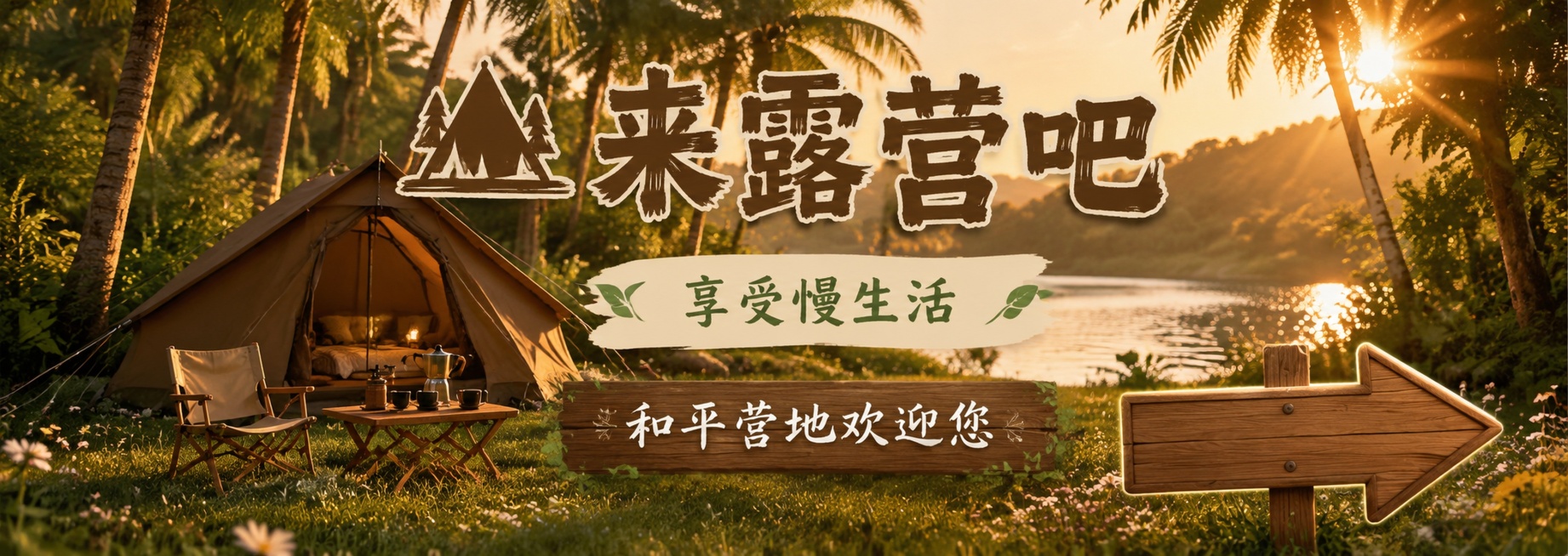 横版长条形画面，森系自然风格，傍晚日落背景，暖金色阳光穿过椰林洒在画面上，远处是河流粼粼波光。前景是绿油油的青草地点缀小野花，画面中央放着一个打开的咖啡色露营帐篷，帐篷前摆着一张折叠木桌，桌上放着咖啡预览效果