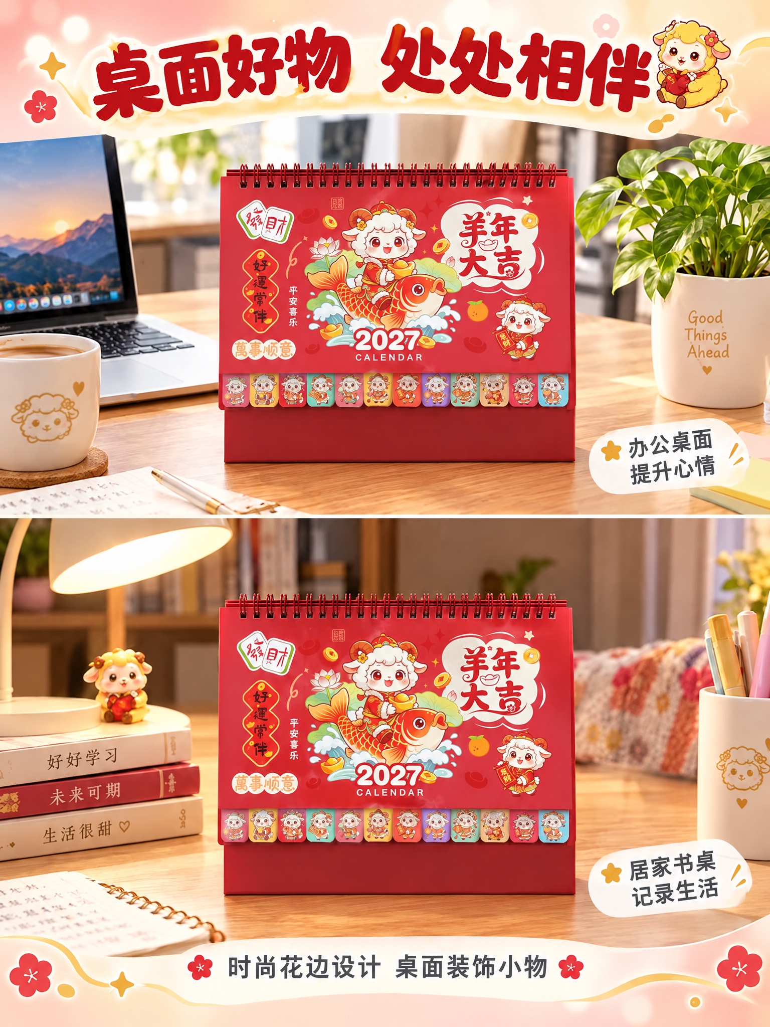 在图一的基础上，将台历的内页替换为封面样式。上方办公桌面场景和… - 图片创意预览