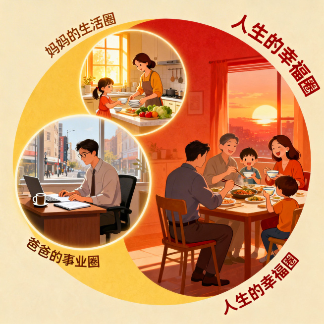 温暖治愈的家庭场景画面，三个嵌套的光圈分别代表不同圈层：最内层是"妈妈的生活圈"展现温馨居家日常，中层是"爸爸的事业圈"展现沉稳工作场景，最外层是"人生的幸福圈"包裹全家团圆欢笑，整体氛围温馨幸福，暖预览效果