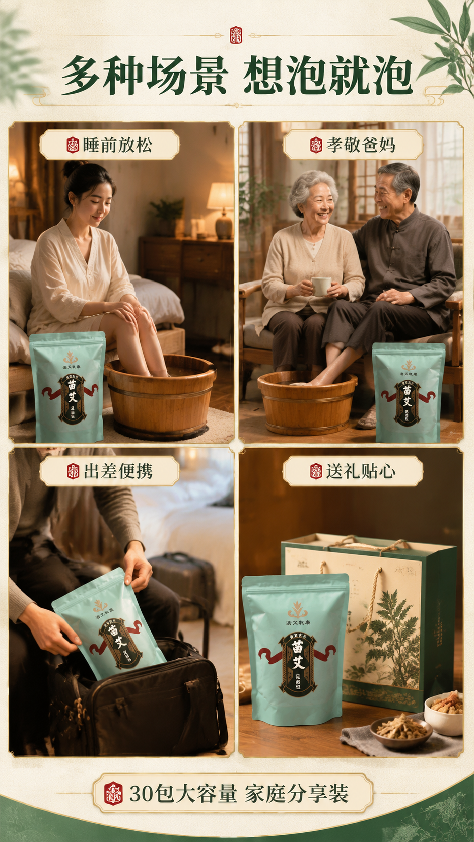 [商品] 使用【图2】浩艾乾康苗艾足浴包正面包装，在每个场景小… - 图片创意预览