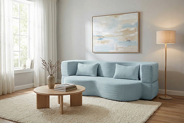 将浅蓝色弧形沙发放置在温馨明亮的现代客厅场景中，搭配简约风格的茶几、落地灯和装饰画，整体氛围舒适柔和