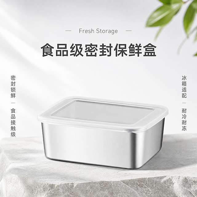 [单张主图] 长方形保鲜盒，高级氛围感主图，优化商品主图提升点击率，适配各大电商平台，修除产品瑕疵，提升整体质感。
[画面主体] 一个长方形带盖保鲜盒，45度斜侧端正视角放置，主体居中占画面约70%；保持产品外观（物理结构、材质质感、颜色）与输入产品图绝对一致，修除原有模糊锯齿瑕疵，精细化处理；产品为一体保鲜盒，盒身雾银质感，盒盖透明密封，整体线条简约利落，细节锐利清晰。
[构图版式] 中轴诗意氛围型，顶部留白放置轻品牌位，产品居中偏下，占画面约50%，底部用浅灰色岩石台面承托，左右两侧放置短卖点。
[场景元素] 背景从浅灰渐变到纯白，整体干净通透无杂物，简约留白舒适；周围无多余道具，仅在角落点缀一片干净绿叶增加清新氛围，不遮挡主体；保持画面无杂乱水印，主体突出清晰。
[文案版式] 顶部居中：
英文轻装饰字 "Fresh Storage"
大号中文主标题 "食品级密封保鲜盒"
左右两侧竖排卖点：
左侧 「密封锁鲜」
「食品接触级」
右侧 「冰箱适配」
「耐冷耐冻」
全部文字放置在自然留白处，不遮挡产品主体，信息层级明确。
[光影质感] 左侧自然光柔光斜射，主光均匀柔和，产品右侧形成柔和自然投影，边缘轮廓清晰；景深自然，背景轻度虚化突出主体；修正色差，提亮通透，质感拉满，保持8K超高清，RAW原图质感，色彩通透饱和，光影细腻，高对比度，细节锐利，无多余硬阴影，整体冷调简约氛围感。
[配色字体] 主色浅灰白冷调，辅助色草木绿轻点缀；字体采用轻无衬线，字重克制，主标题大且清晰，辅助文字缩小，层级分明，符合简约高级风格。
[比例分辨率] 1:1比例，2048px*2048px，分辨率2K，文字清晰可辨，画面高清。
[负向提示词] 变形，水印，错字，糊字，伪Logo，主体遮挡，背景杂乱，低清晰度，错误结构，多余杂物，色差，瑕疵