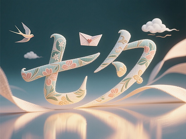 梦幻插画风，刺绣质感的“七夕”字样，配以飞鸟和信封，营造浪漫节日氛围。