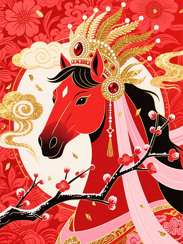 主体是带有凤冠霞帔戏曲头饰的赤红马头（头饰镶红宝石与金箔，眉眼描金，神态端庄），搭配弯折的红梅枝桠（花苞绽放，带霜感），以大红为基底、缠枝莲荧光纹为暗纹背景。构图以马头为视觉核心，周身环绕金色祥云与飘落金箔，点缀戏曲水袖元素，整体色调红、金、梅粉交织，国潮戏曲氛围浓厚。