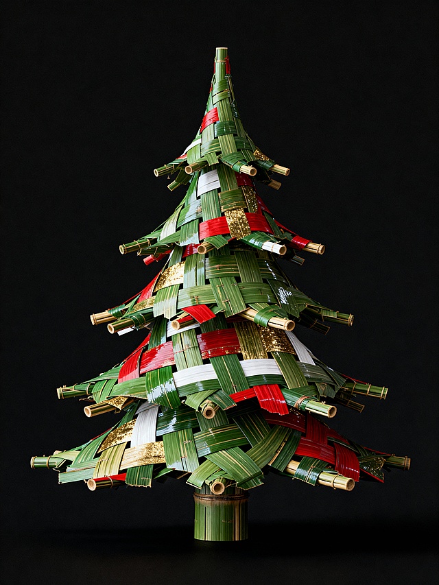 竹编风圣诞树，融合中式感与民族感，以重拟物手法呈现手工艺术风，红金点缀尽显喜庆感，3D质感突出质朴之美。
