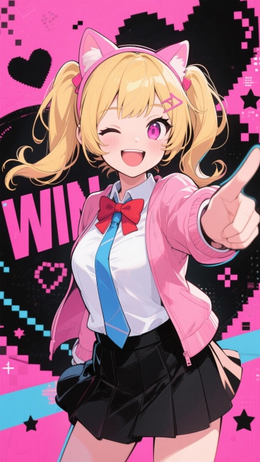 二次元动漫风格人像，金发双马尾少女，头戴粉色猫耳发饰，粉色眼眸，嘴角上扬露出开心笑容，左眼微微眯起，身着白色上衣搭配蓝色领带和粉色外套，胸前系着红色蝴蝶结，黑色短裙，右手伸出指向观者，背景为粉色为主色预览效果