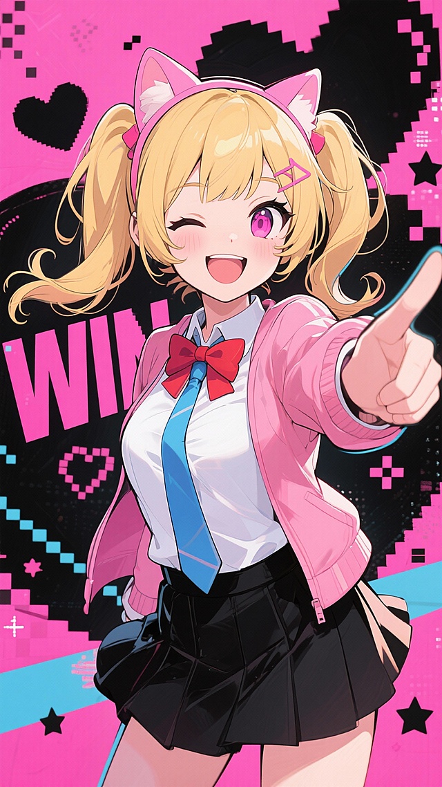 二次元动漫风格人像，金发双马尾少女，头戴粉色猫耳发饰，粉色眼眸，嘴角上扬露出开心笑容，左眼微微眯起，身着白色上衣搭配蓝色领带和粉色外套，胸前系着红色蝴蝶结，黑色短裙，右手伸出指向观者，背景为粉色为主色调的活力四射场景，点缀着黑色心形、星星、像素风格图案和粉色"WIN"字样，整体画面色彩鲜明、充满动感与青春气息，线条流畅，角色表情生动可爱，洋溢着欢快活泼的氛围。