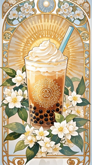 一杯珍珠奶茶在画面中间，周围围绕着白茉莉预览效果