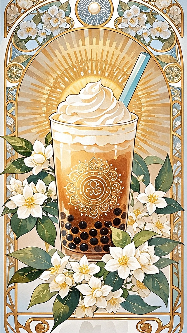 梦幻感穆夏风插画，唯美水彩奶茶，花环环绕，光影交织，尽显浪漫艺术气息。