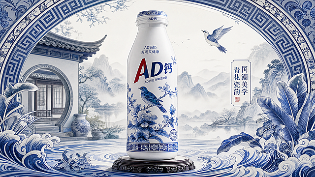 高质感创意饮品海报，非遗青花瓷文化结合大气国潮画风，混搭现代潮流设计。AD钙奶产品居中醒目展示，瓶身手绘水墨青花花鸟图案，国风意境浓厚。四周环绕仿古青花瓷海浪纹、回纹、芭蕉纹经典图腾，融入中式庭院、水墨远山青花意境背景。青白撞色基调沉稳雅致，光影明暗错落富有氛围感，飘散淡淡水墨烟气特效。线条细腻流畅，瓷绘笔触自然真实，整体古朴非遗底蕴与青春活力相融，构图饱满大气，视觉层次丰富震撼，横版商业广告海报，超高精细度渲染