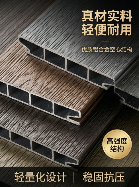 [主图 3] 材质与结构细节展示，氛围风格高端大气，科技质感。全屏微距展示铝合金地板横截面和表面木纹纹理，100%铺满画面，光影刻画铝合金结构和木纹凹凸质感。核心卖点：轻便耐用，结构稳固。配色色系：颜预览效果