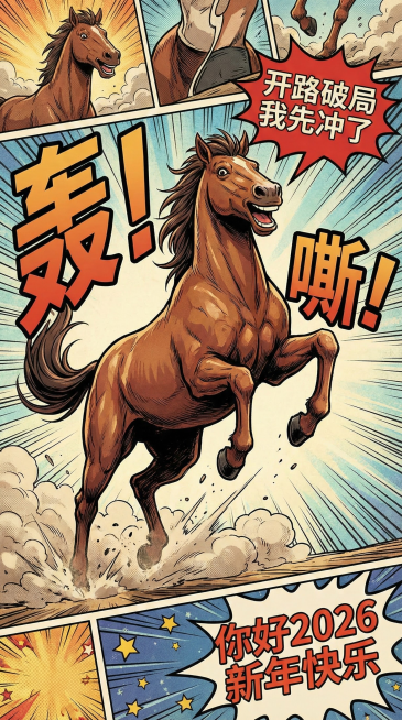 彩色漫画分镜，核心主体是一匹肌肉线条饱满的棕褐色骏马，骏马呈前蹄跃起的动态姿态，伴随尘土飞溅，表情开心，张开嘴巴喊出红色艺术字气泡“开路破局 我先冲了”，搭配漫画拟声词“轰！”“嘶！"强化动感，背景是预览效果