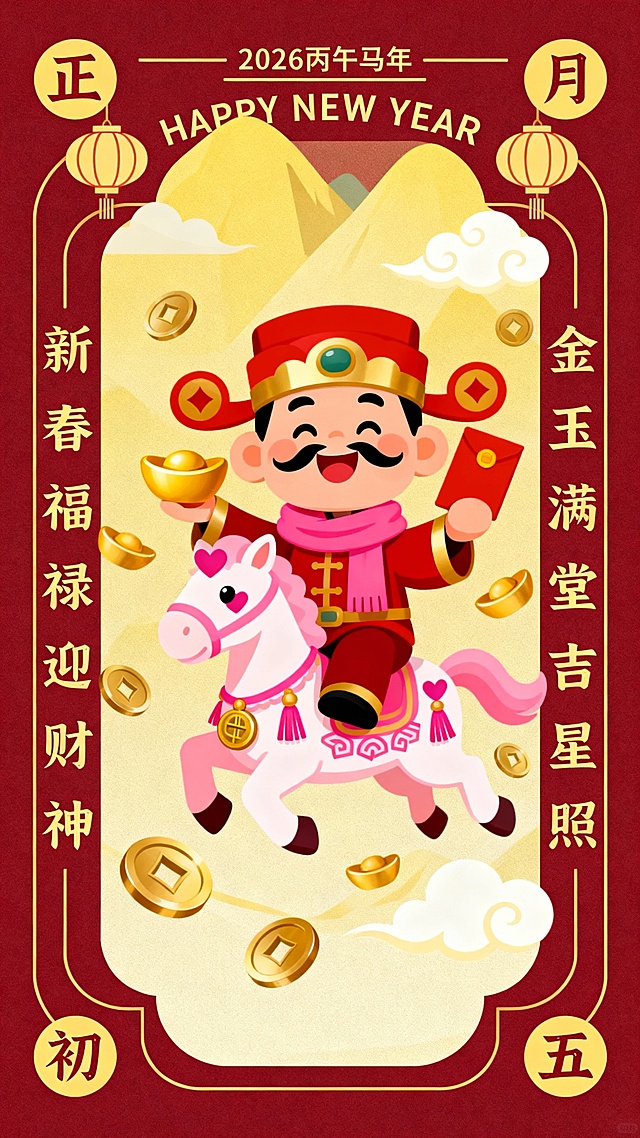 Q 版，纯扁平风，色块，背景为深红色，搭配浅黄色山峦、祥云与灯笼元素。财神爷戴红金相间的官帽，微笑，粉色围巾，胡子，一手持金色元宝，一手持红包，坐在一匹粉白配色的马上。可爱小马装饰着粉色爱心和金色铜钱和粉色流苏纹样，周围环绕金色元宝、铜钱。马和财神爷腾跃在空中。

主体内容（主体和背景）被金色线条填充深红渐变浅黄的圆角矩形边框包围，边框上方标注 金色细线“2026 丙午马年” 和 “HAPPY NEW YEAR”，边框左右两侧是竖排金色字体的吉祥对联：“新春福禄迎财神” 与 “金玉满堂吉星照”，边框四角点缀 “正、月、初、五” 字样。