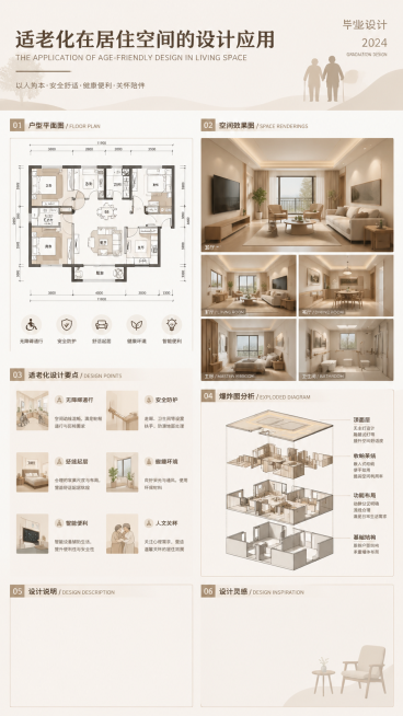 毕业设计展板，主题为适老化在居住空间的设计应用，展板包含CAD户型图纸、空间效果图、爆炸图分析模块，下方预留设计说明和设计灵感文字区域，整体排版清晰专业，现代简约设计风格，浅暖色调搭配，适合学术展示预览效果