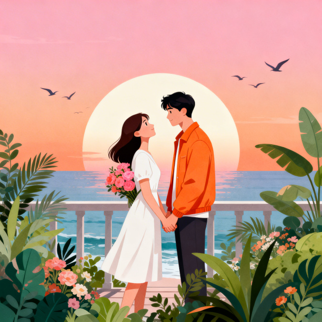 扁平风矢量插画，一对情侣在海边露台牵手依偎，女生仰头温柔看向男生，男生穿着暖橙色夹克，女生穿着白色连衣裙，背后藏着一束粉橙色花束。背景是渐变粉橙的黄昏天空，巨大的圆形落日悬于海面，几只飞鸟掠过，前景是预览效果