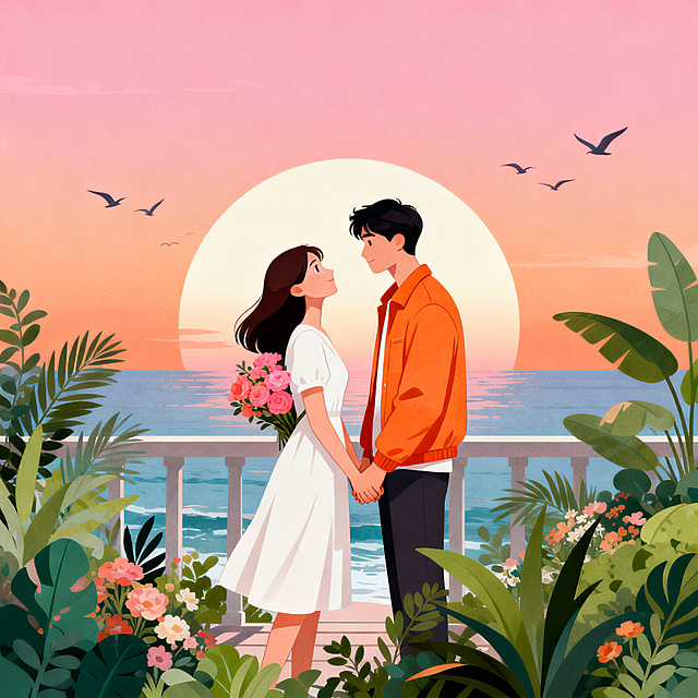 扁平风矢量插画，一对情侣在海边露台牵手依偎，女生仰头温柔看向男生，男生穿着暖橙色夹克，女生穿着白色连衣裙，背后藏着一束粉橙色花束。背景是渐变粉橙的黄昏天空，巨大的圆形落日悬于海面，几只飞鸟掠过，前景是层次丰富的绿植与花卉。整体风格清新治愈，色彩柔和明快，线条干净利落，构图居中对称，传递浪漫温暖的氛围，适合影视 / 情感类品牌视觉。
