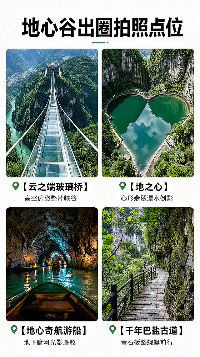 小红书风格恩施地心谷必打卡景点拼图页，9:16竖版。纯白或浅灰微纹理背景，顶部大标题"地心谷出圈拍照点位"加粗居中。下方采用2×2四宫格布局，每格为一张高清实景风格小图+文字标签：左上【云之端玻璃桥】配图：高空玻璃桥俯瞰碧绿峡谷全景；右上【地之心】配图：心形翡翠潭水面倒影+悬崖环绕；左下【地心奇航游船】配图：地下暗河游船内视角，光影斑驳水波荡漾；右下【千年巴盐古道】配图：青石板栈道蜿蜒于绿植岩壁间。每图下方加一行短描述（≤10字），如"高空俯瞰整片峡谷"等。整体排版清爽、图文比例协调，文字清晰不压图，留白适度, 4K超清摄影质感