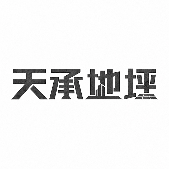 仿图模式，参考图中的"天承地坪"LOGO字形风格，保持文字结构和笔画几何化特征不变，将字体改为工业风粗犷风格，粗黑体厚重造型，笔画粗壮有力，带有轻微的水泥质感纹理，硬朗工业风，深灰色水泥质感字体。纯白色干净背景。画面中只能出现这4个字："天"、"承"、"地"、"坪"，不得出现参考图中的原文字，不得增加、遗漏或替换任何一个字。文字整体必须完整呈现在画面内不可被裁切，四周留有安全边距。