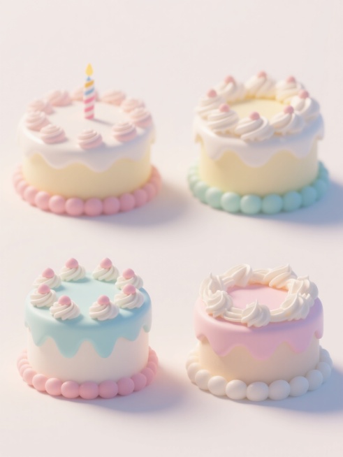 4个不同外观、样式、配色的生日蛋糕，白色背景，排列整齐，每个蛋糕都有3D立体效果，表面光滑细腻，带有精致的奶油装饰，色彩搭配和谐，光影效果自然，高光和阴影过渡柔和，整体呈现出甜美、可爱的氛围，具有清晰的视觉层次和信息传达效率，符合生日主题的设计感。预览效果