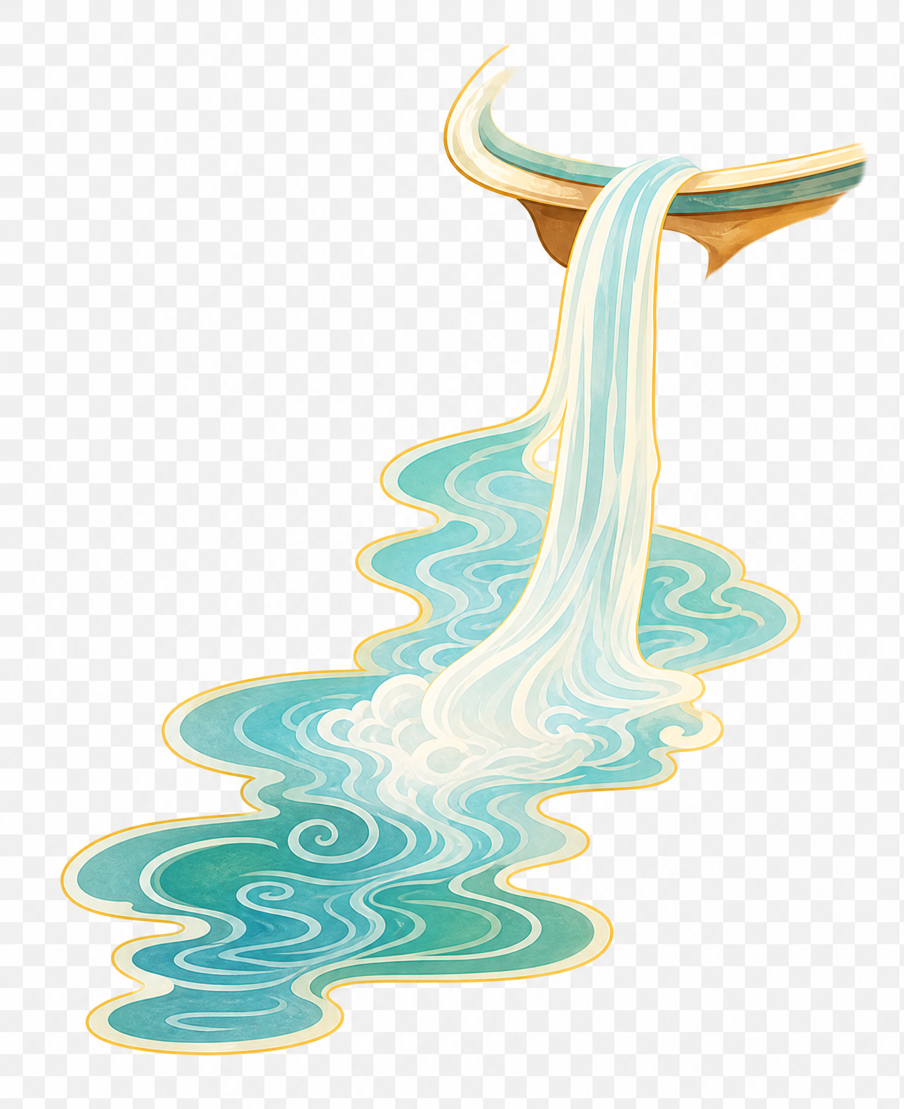 从参考图中提取国潮风格的水流瀑布元素，蓝绿色流水带金色描边的中… - 图片创意预览