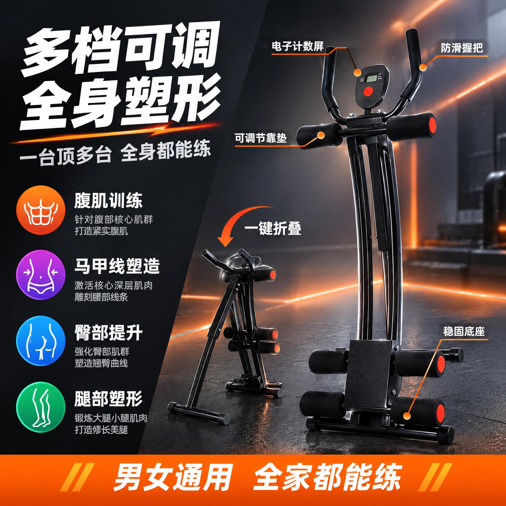 [主图-2] 健腹器核心功能卖点图，突出多档可调与全身塑形功能… - 图片创意预览