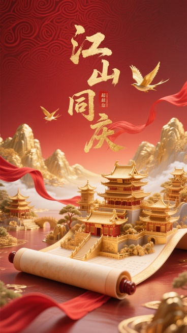 红色为主色调。红色暗纹渐变背景，画面主体是华丽精致的立体卷轴展开的效果，卷轴内有通体黄金的古典楼阁建筑群、金色山水景观，搭配红色飘带、金色飞鸟。主标题金色毛笔大字“江山同庆”预览效果