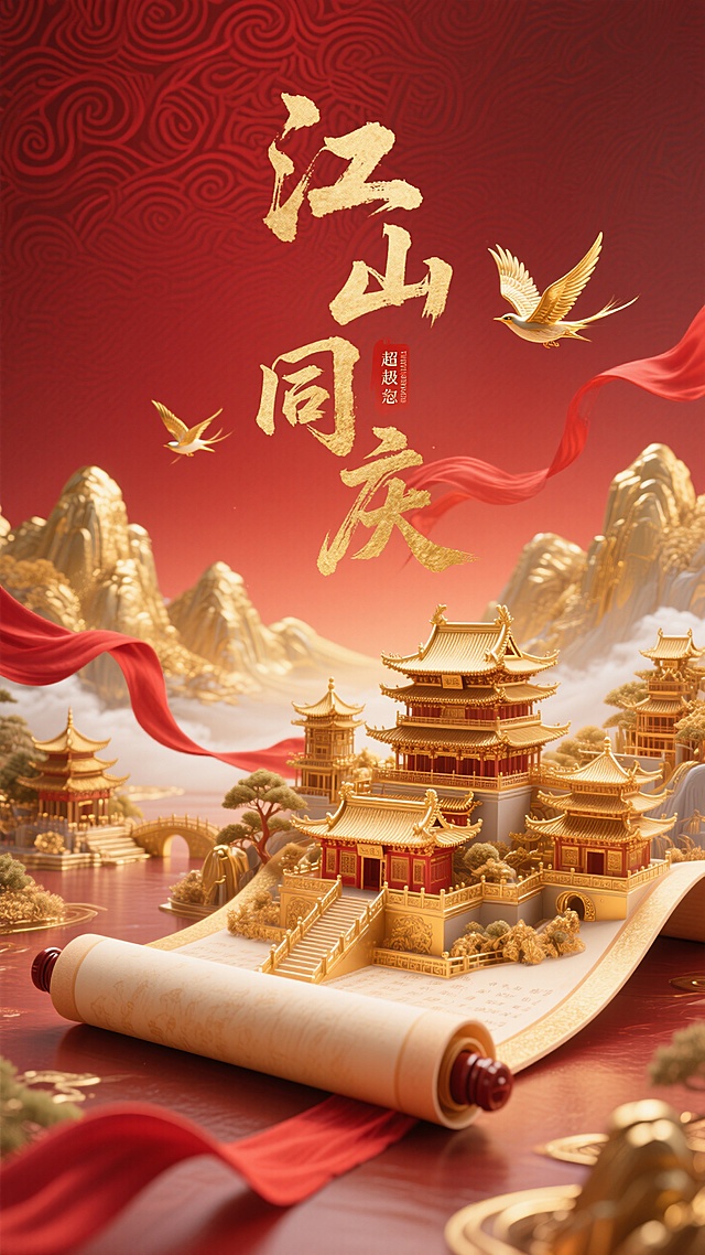 红色为主色调。红色暗纹渐变背景，画面主体是华丽精致的立体卷轴展开的效果，卷轴内有通体黄金的古典楼阁建筑群、金色山水景观，搭配红色飘带、金色飞鸟。主标题金色毛笔大字“江山同庆”