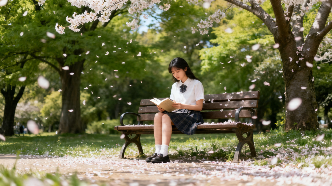 岁月静好氛围，年轻女子在公园长椅上安静看书，周围绿树环绕，花瓣飘落，光线柔和温暖，整体氛围闲适自然，文艺清新风格，横向构图，画面高清预览效果