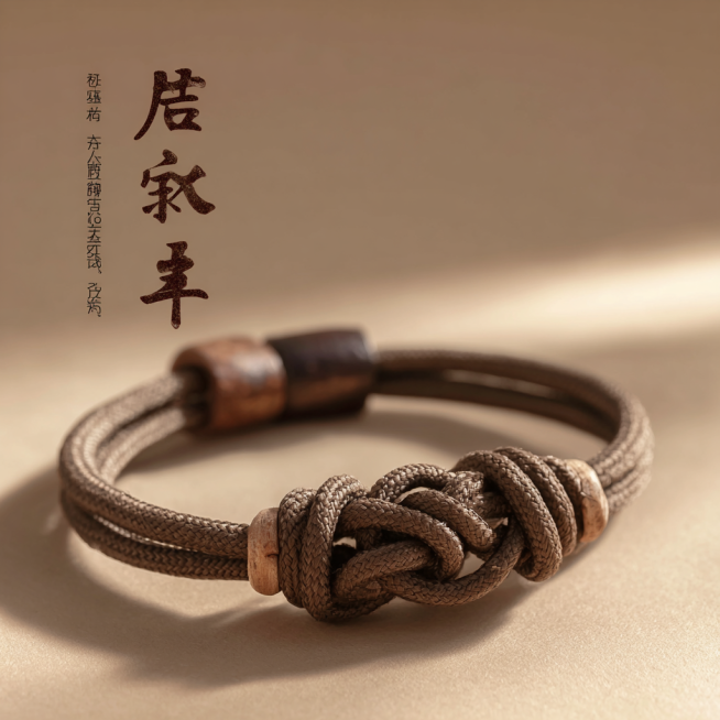 Close-up detail shot of Meilin iron nuclear bracelet spacer and knot, Zen Chinese style, beige pure预览效果