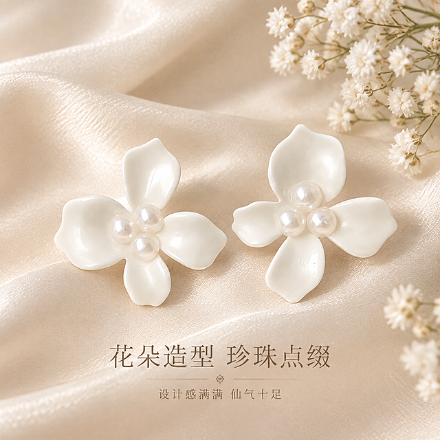[主图-4] 细节与设计亮点展示，花朵造型与珍珠点缀的设计美学。
[统一基调] 小红书温柔奶油风，整体色调柔和温暖，背景为浅奶油米色绒面材质，字体选用纤细文艺衬线体，主文字为深奶茶棕色，辅助文字为浅棕色，整体精致高级有氛围感。
[画面] 白色珍珠花朵耳饰一对，采用俯视略微倾斜的角度摆放，两只耳饰呈对角呼应排列，主体占比约55%，放置在浅奶油色真丝布料上，布料有自然的褶皱和丝质光泽，旁边点缀一小束白色满天星干花，营造浪漫花艺氛围。突出展示四瓣花朵的优美弧度和三颗珍珠的精致排列，花瓣边缘圆润光滑。
[光影质感] 顶部柔光漫射，丝质布料有细腻的光泽变化，花瓣表面光滑反光，珍珠有柔和的珠光反射，整体光影柔和均匀，高级静物摄影质感。
[配色] 背景真丝奶油米色，耳饰纯白色，干花米白色，整体同色系温柔搭配，文字深奶茶棕色。
[文字版式] 画面底部居中，主标题"花朵造型 珍珠点缀"，下方小号字"设计感满满 仙气十足"，文字排版优雅，与整体氛围融合。
[输出要求] 1:1正方形比例，2K分辨率，产品清晰，丝质质感真实，画面氛围感强，文字清晰可读，无变形、错字、模糊、杂乱、水印、平台Logo。
