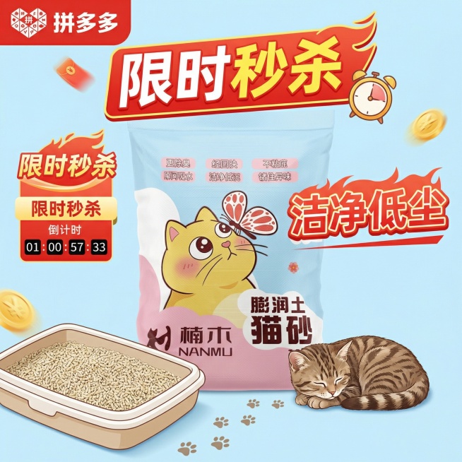 我的产品是猫砂，帮我做50张拼多多风格的主图预览效果